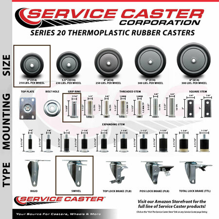 Service Caster 3'' Thermoplastic Rubber Wheel Swivel 7/16'' Grip Ring Stem Caster Set, 4PK SCC-GR20S314-TPRB-716138-4